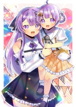 Rule 34 | 2girls, :d, balloon, black footwear, black skirt, blush, braid, braided bangs, brown skirt, carrying, center frills, child carry, collared shirt, commentary request, commission, detached sleeves, flower, frilled skirt, frilled socks, frills, hair flower, hair ornament, hair rings, indie virtual youtuber, kou hiyoyo, loafers, long hair, long sleeves, mother and daughter, multiple girls, open mouth, otsuka ray, pennant, plaid clothes, plaid skirt, pleated skirt, puffy long sleeves, puffy sleeves, purple eyes, purple hair, sailor collar, shirt, shoes, short sleeves, skeb commission, skirt, sleeveless, sleeveless shirt, smile, socks, string of flags, sunflower, sunflower hair ornament, suspender skirt, suspenders, twin braids, very long hair, virtual youtuber, white sailor collar, white shirt, white sleeves, white socks, yellow flower