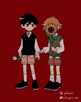 2boys alternate_sleeve_length antenna_hair artist_name basil_(faraway)_(omori) basil_(omori) black_shoes black_sweater_vest blonde_hair brown_shorts closed_mouth collared_shirt commentary double-parted_bangs english_commentary flower goodluck_4444 green_sweater_vest hair_between_eyes highres holding holding_flower long_sleeves looking_at_another male_focus multiple_boys omori red_background shirt shoes short_hair shorts sidelocks simple_background socks sunflower sunny_(omori) sweater_vest tulip tumblr_username twitter_username white_flower white_shirt white_socks white_tulip