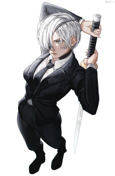 1girl arm_up black_choker black_jacket black_necktie black_pants black_suit chainsaw_man choker closed_mouth eyepatch formal_clothes grey_eyes grey_hair highres holding holding_sword holding_weapon jacket katana long_hair necktie nivactrov1 pant_suit pants quanxi_(chainsaw_man) simple_background solo standing suit suit_jacket sword weapon white_background