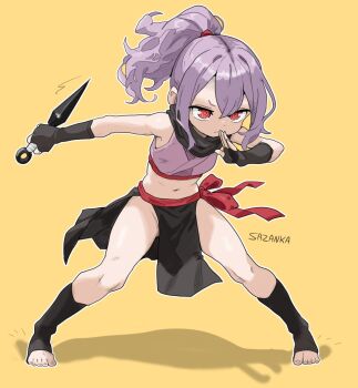 1girl bare_hips bare_shoulders black_gloves black_scarf black_skirt black_socks bow character_name commentary cropped_kimono english_commentary feet female_focus fingerless_gloves full_body gloves hand_up holding holding_kunai holding_weapon japanese_clothes kimono kosode kunai kunoichi_tsubaki_no_mune_no_uchi leaning_forward legs_apart loli looking_ahead midriff navel ninja no_panties outline outstretched_arm pelvic_curtain pink_kimono ponytail purple_hair red_bow ringed_eyes sazanka_(kunoichi_tsubaki_no_mune_no_uchi) scarf serious simple_background skirt sleeveless sleeveless_kimono socks solo standing stirrup_legwear thighs toeless_legwear toes weapon white_outline xyzeden yellow_background