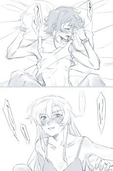 ... 2girls absurdres between_legs blush bra breasts closed_eyes clothes_lift greyscale hand_on_another's_knee highres jiguang_haibao koishikawa_iko long_hair lying momijiyama_teru monochrome multiple_girls nipples on_back parted_lips pillow saliva shirt_lift short_hair shy_(series) small_breasts spoken_ellipsis sweat tank_top tears underwear yuri