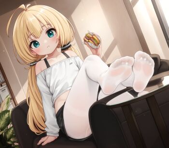 1girl ahoge black_shorts blonde_hair burger chair commentary comodox eating english_commentary feet food green_eyes highres indoors legs long_hair looking_at_viewer low_twintails midriff miu_(comodox) no_shoes original pantyhose pantyhose_under_shorts shirt short_shorts shorts sitting soles solo table thighs toes twintails white_pantyhose white_shirt window