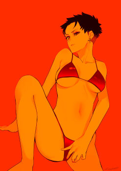 1girl absurdres bikini breasts closed_mouth commentary commentary_request ear_piercing earrings english_commentary eyelashes fingernails highres jewelry mixed-language_commentary monochrome navel orange_background orange_theme original piercing short_hair signature simple_background solo stomach swimsuit taiyaka315 tomboy undercut very_short_hair