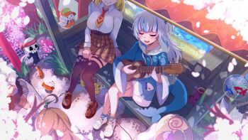 5girls absurdres ahoge animal_costume black_thighhighs blonde_hair blue_hair blue_hoodie brown_shoes brown_skirt bubba_(watson_amelia) ceres_fauna ceres_fauna_(goth) closed_eyes commentary cricket deadbeat_(mori_calliope) dog ebi-chan_(gawr_gura) english_commentary fins fish_tail gawr_gura gawr_gura_(1st_costume) green_hair guitar highres holding holding_guitar holding_instrument holding_ukulele hololive hololive_english hood hoodie instrument kfp_employee_(takanashi_kiara) medium_hair multiple_girls music nanashi_mumei nanashi_mumei_(emo) necktie official_alternate_costume open_mouth playing_guitar playing_instrument red_necktie see-through_clothes see-through_skirt septhy shark_costume shark_girl shark_tail sharp_teeth shirt shoes shrimp sitting skirt smile tail takodachi_(ninomae_ina&#039;nis) teeth thigh_strap thighhighs ukulele upper_teeth_only virtual_youtuber watson_amelia watson_amelia_(1st_costume) white_hair white_shirt white_shoes