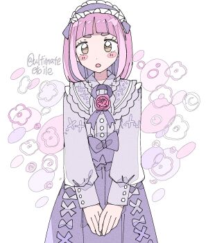 1girl :o alternate_costume arched_bangs blush_stickers bow hairband highres lacey_(pokemon) long_sleeves looking_at_viewer maid_headdress nintendo open_mouth pink_hair pokemon pokemon_sv purple_bow purple_hairband purple_shirt purple_skirt remoooon shirt short_hair simple_background skirt solo standing upper_body wax_seal white_background yellow_eyes