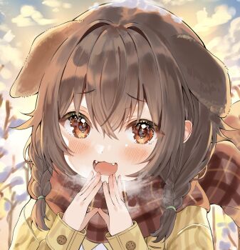 1girl absurdres animal_ears blush braid breath brown_eyes brown_hair buttons dog_ears dog_girl fangs hair_between_eyes hands_up highres hololive inugami_korone jacket long_hair looking_at_viewer open_mouth plaid_clothes plaid_scarf portrait red_scarf scarf sleeves_past_fingers sleeves_past_wrists smile solo twin_braids very_long_hair virtual_youtuber wasemkn yellow_jacket