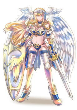 Rule 34 | 1girl, armor, armored boots, bikini, bikini armor, blonde hair, blue bikini, blue thighhighs, boots, breasts, closed mouth, commentary request, cross, cross necklace, cross of prontera, feathered wings, floating hair, full body, gauntlets, green eyes, head wings, high heel boots, high heels, holding, holding shield, holding sword, holding weapon, jewelry, long hair, looking at viewer, medium breasts, navel, necklace, pauldrons, philippa, ragnarok online, royal guard (ragnarok online), shield, shoulder armor, simple background, smile, solo, standing, swimsuit, sword, thighhighs, visor (armor), weapon, white background, white wings, wings