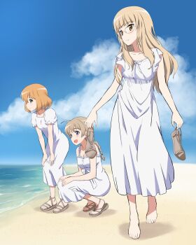 3girls amelie_planchard artist_request barefoot beach blonde_hair blue_eyes blue_sky blush braid brown_hair cloud cloudy_sky dress glass green_eyes highres long_hair looking_to_the_side lynette_bishop multiple_girls ocean official_art open_mouth orange_hair outdoors perrine_h._clostermann sand sandals short_hair single_braid sky smile source_request squatting standing strike_witches sundress walking world_witches_series yellow_eyes