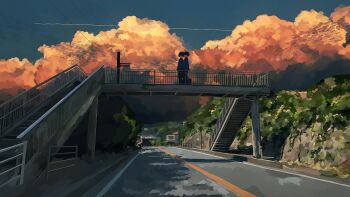 2boys absurdres bag banakotakemaru blue_sky cloud cloudy_sky commentary_request contrail highres holding holding_bag long_sleeves multiple_boys original outdoors pedestal railing road scenery school_bag shadow short_hair sky stairs wide_shot