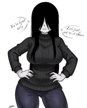 1girl alternate_costume black_hair breasts english_text graphicthereal hair_over_eyes hands_on_own_hips highres large_breasts legs pants smile sweater the_ring thighs yamamura_sadako