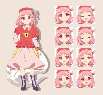 1girl 4rion absurdres ankle_boots black_footwear boots commentary_request cross-laced_footwear flat_chest full_body hair_bobbles hair_ornament hat highres kawashiro_mitori keyhole layered_sleeves lock long_sleeves medium_hair multiple_expressions no_stopping_sign padlock pink_hair pink_skirt puffy_short_sleeves puffy_sleeves red_eyes red_hat red_shirt road_sign shirt short_over_long_sleeves short_sleeves side_ponytail sign skirt standing tachi-e touhou