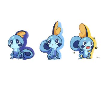 blue_eyes bright_pupils commentary english_commentary full_body gen_8_pokemon kookirani nintendo no_humans open_mouth pokemon pokemon_(creature) signature simple_background sobble sparkle star_(symbol) tears white_background white_pupils