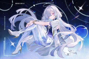 1girl absurdres bafanglianxu closed_mouth colored_eyelashes dress earrings from_side full_body grey_hair hair_ornament hair_over_one_eye halo high_heels highres id_card jacket jewelry long_hair looking_at_viewer looking_to_the_side missing_commentary mornye_(wuthering_waves) multiple_rings purple_dress red_eyes ring see-through_body solo tacet_mark_(wuthering_waves) triangle_earrings very_long_hair white_jacket wuthering_waves