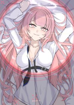 1girl absurdres arknights bottomless breasts cleavage hair_spread_out head_on_pillow highres lemuen_(arknights) long_hair looking_at_viewer lying necktie no_bra non-web_source on_bed pillow pillow_grab pink_eyes pink_hair shirt white_shirt