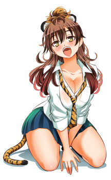 1girl animal_ears animal_print arms_between_legs blush breasts brown_hair cleavage collarbone collared_shirt commentary_request full_body green_skirt highres kneeling large_breasts long_hair looking_at_viewer necktie nekomiya_moe open_mouth pleated_skirt print_necktie school_uniform shadow shirt simple_background skirt sogabe_toshinori solo tail teeth tiger_ears tiger_print tiger_tail tongue upper_teeth_only white_background white_shirt yankee_jk_kuzuhana-chan yellow_eyes