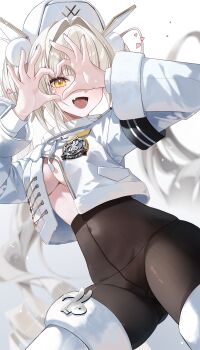 1girl absurdres armband black_armband black_pantyhose blanc_(fortune_express)_(nikke) blanc_(nikke) blonde_hair boots breasts commentary_request covered_navel four-finger_heart_hands goddess_of_victory:_nikke heart heart_hands highres jacket large_breasts long_hair myowa official_alternate_costume pantyhose simple_background solo thigh_boots white_background white_boots white_jacket yellow_eyes