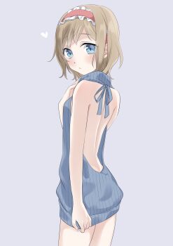 1girl alice_margatroid alternate_costume backless_outfit blonde_hair blue_eyes blue_sweater blush closed_mouth commentary_request cowboy_shot hairband heart highres lolita_hairband looking_at_viewer medium_hair pink_hairband simple_background solo sweater touhou tsuno_no_hito turtleneck turtleneck_sweater virgin_killer_sweater