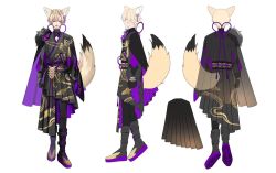 Rule 34 | 1boy, :d, animal ears, asymmetrical sleeves, black cape, black footwear, black gloves, black kimono, black pants, blonde hair, cape, character sheet, clothing cutout, commentary, english commentary, flower, fox ears, fox tail, full body, globie, gloves, japanese clothes, kimono, knot, komiyama ambros, male focus, multiple views, open mouth, pants, pleated kimono, purple eyes, purple flower, second-party source, shien shion, smile, standing, tail, tassel, virtual youtuber, white background