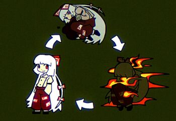 Rule 34 | aoiseshin, arrow (symbol), blood, blood on face, bow, chromatic aberration, commentary request, curled up, dying, empty eyes, fire, fujiwara no mokou, hair bow, long hair, long sleeves, multiple hair bows, ofuda, ofuda on clothes, pants, recycling symbol, red eyes, red pants, resurrection, shirt, smile, suspenders, touhou, very long hair, white bow, white hair, white shirt
