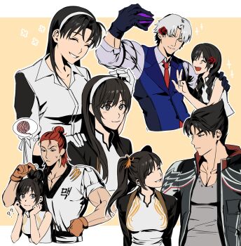 2girls 3boys ? ?? black_hair braid chinese_clothes closed_eyes dougi flower formal_clothes gloves gooseactivity grey_hair grin hair_bun hair_ribbon hair_undone headband highres hwoarang_(tekken) jacket karate_gi kazama_jin kazama_jun lee_chaolan ling_xiaoyu long_hair looking_at_another mandarin_collar mother_and_son multiple_boys multiple_girls necktie orange_hair phone ribbon rose selfie shirt sleeveless sleeveless_shirt smile suit tekken twin_braids twintails v variations vest yarn
