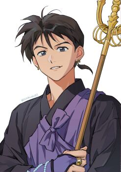 11rukawa187 1boy bead_bracelet beads black_hair blue_eyes bracelet bridal_gauntlets earrings hair_between_eyes highres holding holding_staff inuyasha japanese_clothes jewelry kimono looking_at_viewer male_focus miroku_(inuyasha) short_hair solo staff twitter_username upper_body white_background