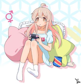1girl ahoge blue_shirt blush brown_eyes brown_hair brown_pupils collarbone commentary controller convenient_leg cruvie double-parted_bangs drop_shadow eyelashes frilled_pillow frills full_body game_controller hair_between_eyes highres holding holding_controller holding_game_controller knees_together_feet_apart knees_up lollipop_in_mouth long_hair looking_ahead mars_symbol onii-chan_wa_oshimai! oyama_mahiro pillow shirt short_sleeves sidelocks simple_background single_bare_shoulder sitting socks solo star-shaped_pillow t-shirt tareme venus_symbol white_background white_socks