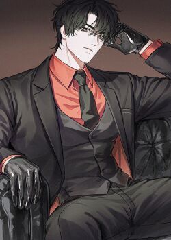 1boy black_gloves black_hair black_jacket black_necktie black_pants black_suit black_vest brown_eyes chair closed_mouth collared_shirt commentary_request dress_pants elbow_rest formal_clothes frown gloves highres jacket kim_dokja korean_commentary lapels looking_at_viewer male_focus necktie notched_lapels omniscient_reader's_viewpoint open_clothes open_jacket pants parted_hair red_jacket red_shirt shirt sitting solo suit suit_jacket two-sided_fabric two-sided_jacket vest wing_collar zco111