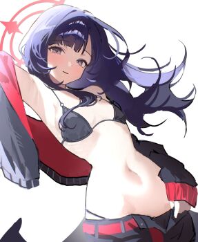 1girl belt bikini bikini_bottom_under_shorts bikini_under_clothes black_bikini black_shorts blue_archive dodosaae halo highres ichika_(blue_archive) ichika_(swimsuit)_(blue_archive) o-ring o-ring_bikini o-ring_top open_clothes open_shorts red_belt red_halo shorts solo swimsuit unusually_open_eyes