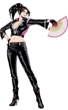 1girl black_gloves black_jacket black_jumpsuit black_pants breast_zipper breasts brown_eyes brown_hair cleavage cropped_jacket fatal_fury fatal_fury:_city_of_the_wolves folded_fan folding_fan gloves hand_fan high_ponytail highres holding holding_fan jacket jumpsuit large_breasts leather leather_pants long_hair navel ninja official_alternate_costume official_art ogura_eisuke pants partially_unzipped ponytail print_jacket revealing_clothes shiranui_mai simple_background snk solo thighs