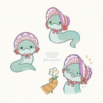:d animal_focus artist_name ayu_(mog) bonnet closed_mouth commentary_request flower highres holding holding_flower no_humans notice_lines open_mouth original pink_bonnet signature simple_background smile snake solid_circle_eyes twitter_username watermark white_background