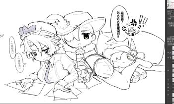 1girl art_program_in_frame ascot candied275 cape character_doll chinese_text cinq_association_west_uniform closed_mouth doll genderswap genderswap_(mtf) greyscale hair_intakes hair_over_one_eye hat hat_feather heathcliff_(project_moon) limbus_company looking_down meursault_(project_moon) monochrome oufi_association_south_uniform panties paperwork project_moon scar_on_thighs thighhighs translation_request underwear