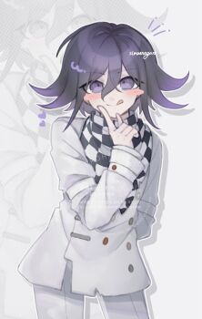Rule 34 | 1boy, :p, black scarf, blush stickers, checkered clothes, checkered scarf, cowboy shot, danganronpa (series), danganronpa v3: killing harmony, drop shadow, finger to cheek, flipped hair, hair between eyes, heart, highres, jacket, looking at viewer, male focus, oma kokichi, outline, pants, purple eyes, purple hair, scarf, short hair, simaenaga v3, simple background, solo, tongue, tongue out, twitter username, watermark, white background, white jacket, white pants, white scarf, zoom layer