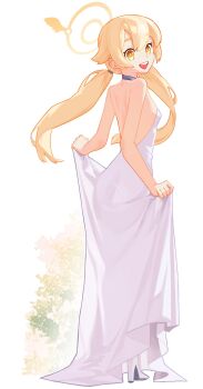 1beombeom 1girl absurdres back blonde_hair blue_archive dress from_behind halo hifumi_(blue_archive) high_heels highres looking_back smile twintails white_dress winged_halo yellow_eyes yellow_halo