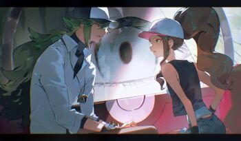 bangle baseball_cap black_vest blue_eyes bracelet brown_hair brown_pants collared_shirt denim eye_focus green_hair hat highres hilda_(pokemon) jeokgwang jewelry long_hair low-cut n_(pokemon) nintendo pants poke_ball pokemon pokemon_bw shirt sleeveless sleeveless_shirt undershirt vest wavy_hair white_shirt wristband