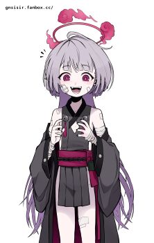 1girl absurdres bandage_on_face bandaged_arm bandaged_leg bandages blue_archive blush gnsisir grey_hair groin halo highres loli long_hair no_panties open_mouth pointy_ears purple_eyes purple_halo shuro_(blue_archive) sideless_kimono simple_background standing very_long_hair white_background