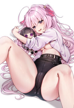 1girl ahoge bare_legs belt black_belt black_shorts breasts button_eyes buttons character_doll cleavage commentary crotch_seam doll feet_out_of_frame goddess_of_victory:_nikke hair_ribbon high-waist_shorts highres kanbesan160 long_hair lying m_legs medium_breasts mihara_(nikke) mole mole_under_mouth multiple_belts o-ring o-ring_belt on_back open_clothes open_shirt pink_hair purple_eyes red_ribbon ribbon shirt shorts simple_background solo spread_legs symbol-only_commentary thighs underboob white_background white_shirt yuni_(nikke)
