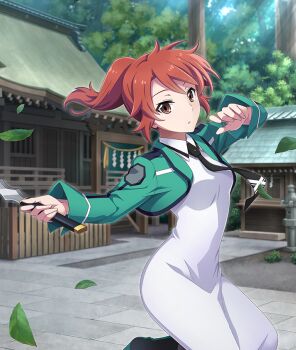 Rule 34 | 1girl, architecture, black boots, black necktie, boots, breasts, brown eyes, building, chiba erika, day, dress, east asian architecture, falling leaves, first high school uniform, game cg, green shrug, hands up, holding, holding sword, holding weapon, leaf, long sleeves, looking at viewer, mahouka koukou no rettousei, necktie, official art, outdoors, outstretched arm, parted lips, ponytail, red hair, school uniform, shide, short ponytail, shrug (clothing), small breasts, solo, standing, standing on one leg, stone walkway, sunlight, sword, third-party source, toji no miko, toji no miko: kizamishi issen no tomoshibi, tree, weapon, white dress