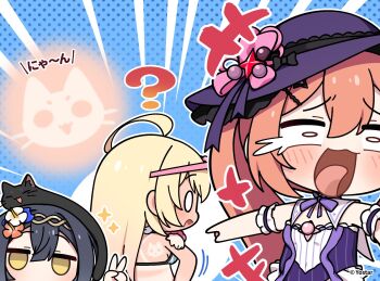 +++ 0_0 3girls :3 ? ahoge amber_(stella_sora) animal animal_on_head bikini black_cat black_hair blonde_hair blue_background blue_bikini blush breasts cat cat_on_head chibi chibi_only commentary_request copyright_notice double-parted_bangs flower hair_flower hair_ornament hat hibiscus highres jitome large_breasts laughing long_hair mistique_(stella_sora) multiple_girls noya_(lingering_sunlight)_(stella_sora) noya_(stella_sora) nyan official_art on_head orange_hair pink_flower pinstripe_one-piece_swimsuit polka_dot polka_dot_background projected_inset purple_hat raised_inner_eyebrows stella_sora striped_bikini striped_clothes swimsuit tan tan_tattoo tanline tongue twintails v vertical-striped_bikini vertical-striped_clothes white_flower yellow_eyes