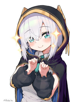 1girl aqua_ascot arms_up ars_almal ars_almal_(1st_costume) ascot black_cape black_cloak black_sleeves blue_ascot blue_eyes blush breasts cape cloak detached_sleeves gold_trim grey_hair hair_between_eyes highres hood hood_up hooded_cape hooded_cloak long_sleeves looking_at_viewer nijisanji puffy_long_sleeves puffy_sleeves see-through_clothes see-through_sleeves shirt short_hair skirt sleeveless smile solo sparkle tatami_kami twitter_username upper_body virtual_youtuber white_background white_hair white_shirt