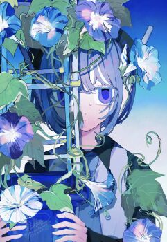 1girl adversarial_noise black_hat blue_hair blue_theme closed_mouth collared_shirt commentary expressionless flower hat highres hinoki_(yesfish1117) holding holding_plant jitome necktie plant potted_plant purple_eyes shirt solo sweat symbol-only_commentary twitter_username upper_body utane_uta utau vines watermark