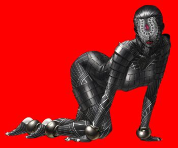 1girl absurdres all_fours anklet armor barefoot black_hair black_nails black_skin bracelet colored_skin demon_(megami_tensei) forehead_jewel full-body_tattoo full_body highres jewelry kazuma_kaneko lipstick makeup maya_(megami_tensei) nail_polish no_eyes official_art photoshop_(medium) shin_megami_tensei shin_megami_tensei:_strange_journey simple_background solo tattoo third-party_source toeless_legwear transparent_background