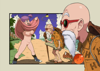 1girl 2boys bald beach beard black_socks breasts brown_shirt brown_shorts bulge bulma clothes_lift dangan_minorz day dragon_ball dragon_ball_(classic) dragon_ball_(object) dress dress_lift erection erection_under_clothes exhibitionism facial_hair flying_nimbus medium_breasts multiple_boys muten_roushi nipples no_bra no_panties ocean outdoors palm_tree perversion_of_canon pink_dress public_indecency purple_hair shirt shoes shorts socks son_goku staff sunglasses tree umigame_(dragon_ball)