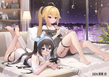2girls absurdres antenna_hair ass bare_shoulders black_hair black_ribbon black_shirt black_shorts blonde_hair blue_headdress breasts character_request cityscape cleavage clothing_cutout collarbone commentary_request controller copyright_request couch crescent dated diamond_cutout dot_nose frilled_ribbon frills fur-trimmed_headwear fur_trim hair_ribbon hair_spread_out headphones headphones_around_neck highres holding holding_controller lamp legs_up long_hair looking_ahead loose_clothes loose_shirt lying maid_headdress multiple_girls night no_bra on_back on_couch on_stomach open_mouth panties panty_peek playing_games playing_video_games ponytail red_eyes ribbon semi-rimless_eyewear shebaotower shirt shorts sitting sky small_breasts smile star_(sky) starry_sky starry_sky_background teeth thigh_strap translation_request under-rim_eyewear underwear very_long_hair