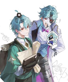 +++ 2boys aged_down ahoge akademiya_uniform aqua_jacket ascot backpack bag black_gloves black_mask black_pants blue_ascot blue_hair blue_shirt blue_vest blush_stickers book bow bowtie brown_bag buttons closed_mouth coat collared_shirt covered_mouth cowboy_shot creature crossed_arms dottore_(genshin_impact) dottore_(manga)_(genshin_impact) dual_persona earrings empty_eyes eye_mask fingerless_gloves genshin_impact gloves gold_trim hair_between_eyes half_mask hand_in_pocket high-waist_pants highres holding holding_book jacket jewelry kupitaro_732 lab_coat lapels long_sleeves looking_at_viewer male_focus mask multiple_boys open_clothes open_coat open_jacket open_mouth pants puffy_long_sleeves puffy_sleeves purple_bow purple_bowtie purple_coat red_eyes scroll sharp_teeth shirt short_hair sidelocks simple_background single_earring smile standing teeth thigh_strap tongue two-sided_coat two-sided_fabric v-shaped_eyebrows vest wavy_hair white_background white_coat white_mask white_shirt wristband