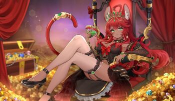 Rule 34 | 1girl, ahoge, alicia (vtuber), animal ears, armpits, artist name, ass, black dress, black garter belt, black garter straps, black nail polish, black nails, black skirt, black sleeves, blush, bow, breasts, chair, chalice, cleavage, closed mouth, coin, crossed legs, cup, dark-skinned female, dark skin, detached sleeves, dot nose, dress, earrings, female focus, frilled skirt, frills, garter belt, garter straps, gem, gold coin, gold earrings, gold tiara, green eyes, high heels, highres, holding, holding cup, indie virtual youtuber, jewelry, kneehighs, large breasts, legs, long hair, looking at viewer, midriff, mouse ears, mouse girl, nail polish, navel, no bra, overskirt, red bow, red eyes, red ribbon, red tail, ribbon, ruigami, see-through clothes, see-through dress, see-through legwear, see-through skirt, see-through sleeves, see-through thighhighs, sexually suggestive, sitting, skirt, smile, smirk, socks, solo, solo focus, stomach, thighhighs, thighs, throne, treasure, treasure chest, white thighhighs, zettai ryouiki