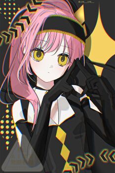 Rule 34 | 1girl, amulet dia, black background, black dress, black gloves, choker, chromatic aberration, closed mouth, commentary request, dress, expressionless, gloves, hairband, hinamori amu, korean commentary, lan lan, magical girl, pink hair, ponytail, shadow, shugo chara!, solo, sparkle, twitter username, upper body, yellow eyes