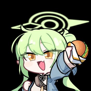 1girl :d acomu414 animated animated_gif blinking blue_archive blue_jacket burger fang food green_hair green_halo grey_sweater halo holding holding_burger holding_food jacket long_hair long_sleeves nozomi_(blue_archive) nozomi_(mom&#039;s_touch)_(blue_archive) official_alternate_costume open_mouth pointy_ears simple_background skin_fang smile solo sweater transparent_background twintails upper_body yellow_eyes