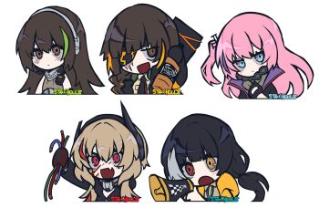 Rule 34 | 5girls, :d, :o, anti-rain (girls' frontline), bandana, bandana around neck, black hair, black necktie, blonde hair, blood, blood on face, broken wires, brown hair, cable, chibi, chibi only, eyepatch, fang, fingerless gloves, girls' frontline, gloves, headphones, highres, holding, holding megaphone, jacket, kotori trinity, long hair, looking at viewer, low-tied long hair, m16a1 (girls' frontline), m4 sopmod ii (girls' frontline), m4a1 (girls' frontline), megaphone, multicolored hair, multiple girls, necktie, one side up, open clothes, open jacket, open mouth, pink hair, ro635 (girls' frontline), simple background, skin fang, smile, st ar-15 (girls' frontline), streaked hair, white background