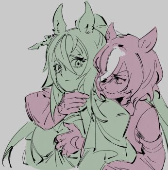 2girls animal_ears capelet collared_shirt cross dress_shirt ear_ornament eyelashes eyepatch furrowed_brow green_theme grey_background groping hair_between_eyes hair_over_one_eye hand_on_another&#039;s_neck high_ponytail horse_ears horse_girl long_hair long_hair_between_eyes long_sleeves multicolored_hair multiple_girls multiple_monochrome nervous pdvl ponytail red_theme shirt short_hair simple_background sketch smug streaked_hair symboli_kris_s_(umamusume) tanino_gimlet_(umamusume) umamusume upper_body very_long_hair yuri