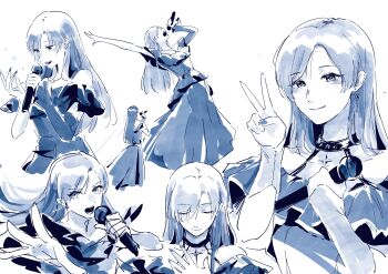 Rule 34 | 1girl, absurdres, anko eclair, blue theme, closed eyes, closed mouth, dress, earrings, fingernails, hand up, hashtag-only commentary, highres, holding, holding microphone, idolmaster, idolmaster (classic), jewelry, kisaragi chihaya, long hair, microphone, monochrome, multiple views, open mouth, outstretched arm, simple background, smoke, standing, star (symbol), star earrings, v, white background